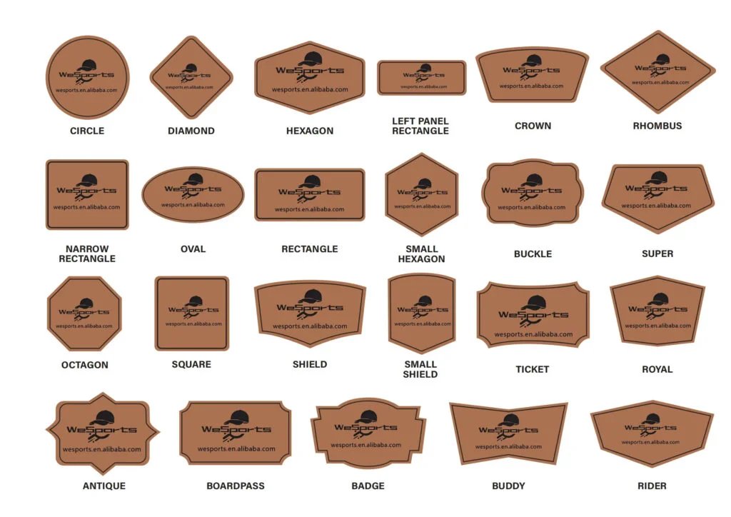 Leather patch shapes available for custom caps: circle, shield, badge, rhombus
